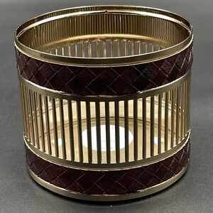 Bath & Body Works Candle Holder‎ Gold Metal Lattice Brown Faux Leather Sleeve